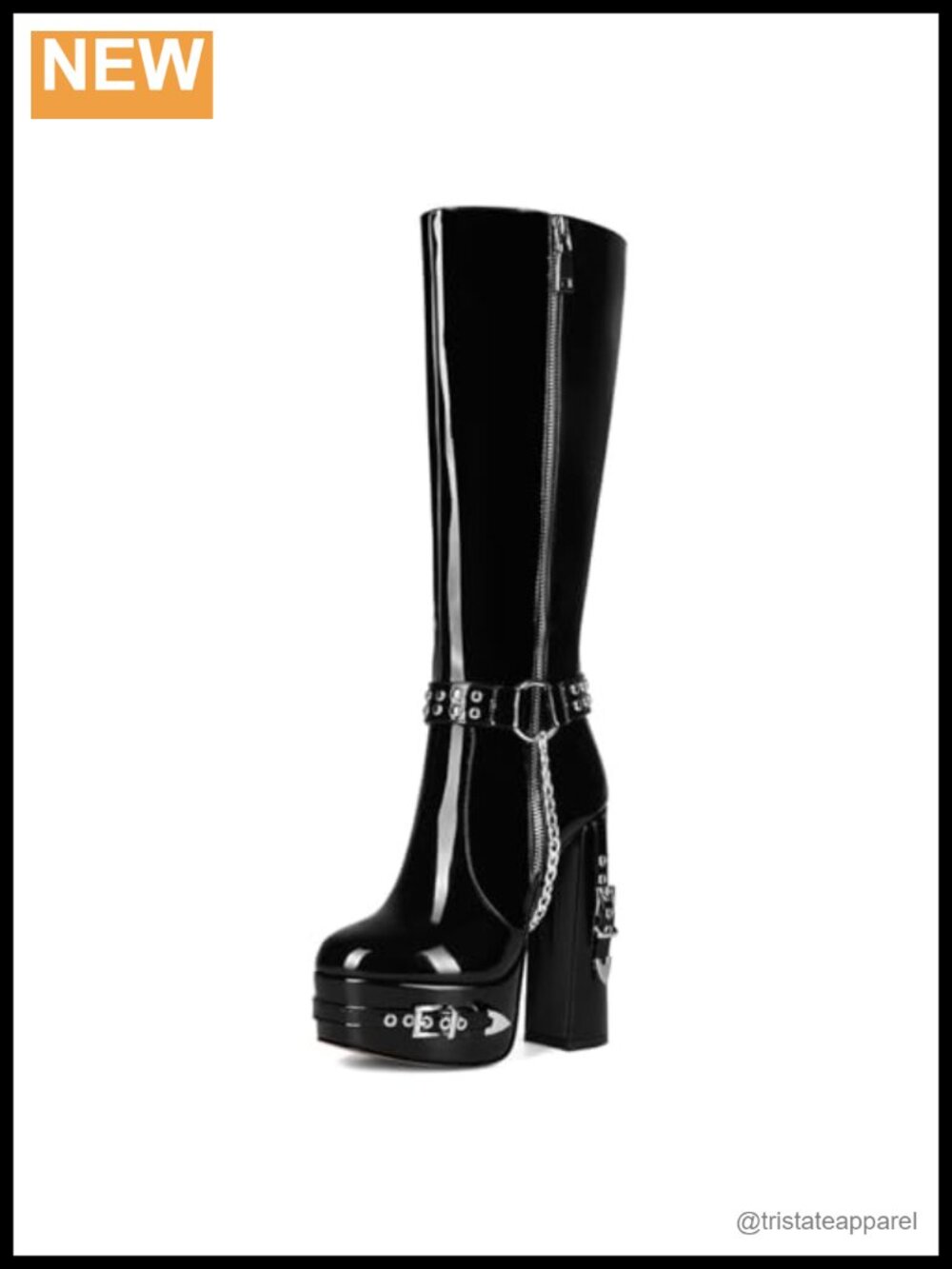 Gothic Platform Knee High Block Heel Patent Leather Boots with Chains